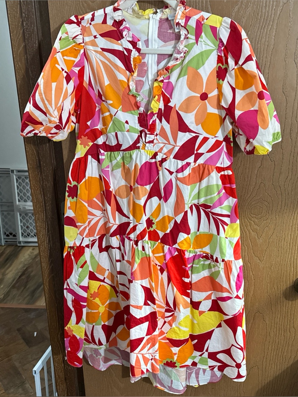 London Times Tropical Floral Tiered Hi-Lo Hem Puff Sleeve Cotton women’s Size 10